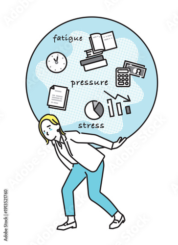シンプル　イラスト　重圧を背負うビジネスパーソンの女性