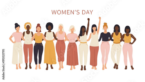 International Women's Day diverse group of women standing together with arms around each other