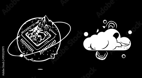 Abstract surreal artistic illustration of cosmic mountains and celestial rainbow clouds