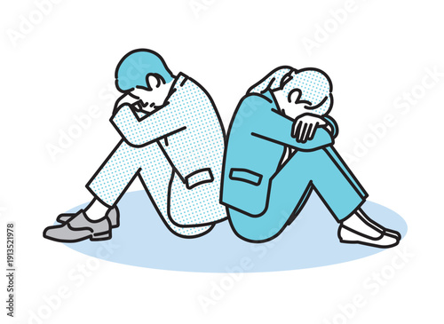 シンプル　イラスト　背中合わせに落ち込むビジネスパーソンの男女のイラスト　ビジネスシーン