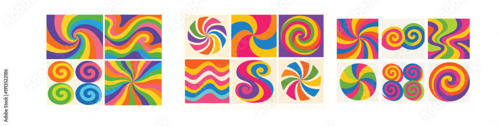 Obraz premium Swirl groovy psychedelic spiral pattern set clean flat vector retro abstract decorative modern backgrounds