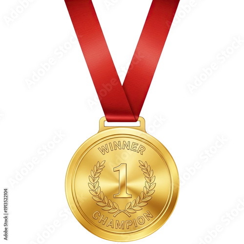 Golden First Place Medal with Red Ribbon Isolated on transparent Background