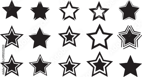 Collection of black and white star shapes and symbols