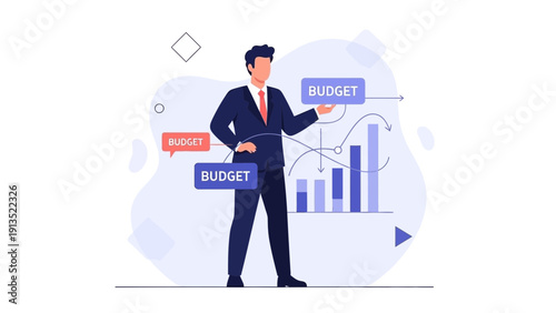 Businessman managing budget with financial charts and graphs illustration