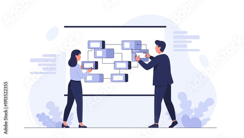 Business team planning strategy on a flowchart diagram on whiteboard