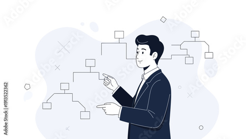 Businessman interacting with a digital flowchart, illustrating strategy and planning