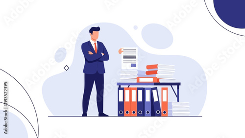 Businessman Overwhelmed by Stacks of Paperwork and Documents