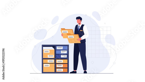 Man Organizing Files in Office Cabinet, Business Data Management Illustration