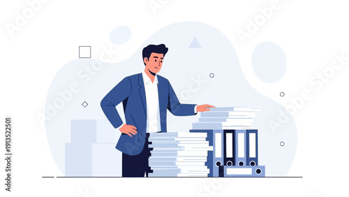 Businessman Overwhelmed by Stacks of Paperwork and Files