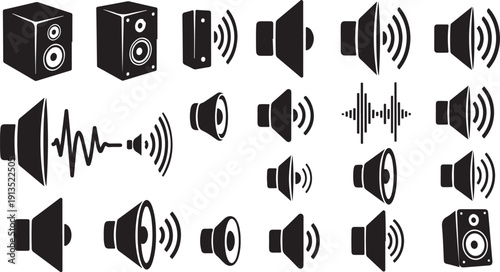 Collection of various speaker and sound icons on white