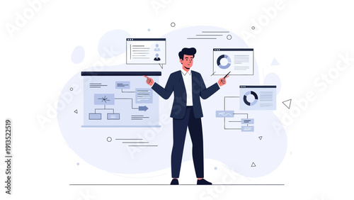Businessman Presenting Data Charts and Flowchart on Screens