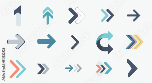A collection of various arrows, pointing different directions, with flat design