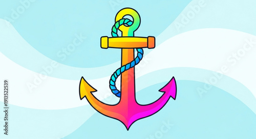 Colorful anchor icon with gradient effect on a serene ocean background with wavy patterns symbolizing stability and hope