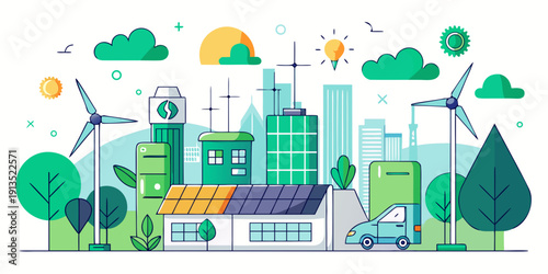 Sustainable city with solar panels, wind turbines, electric car, green buildings, and trees promoting clean energy and eco friendly urban living