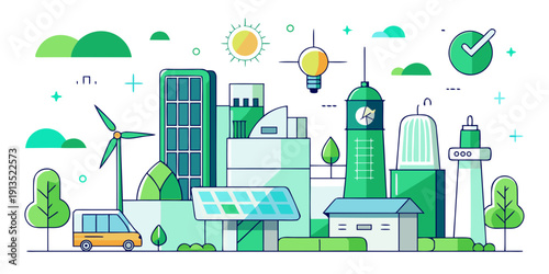 Sustainable cityscape with green buildings, solar panel, wind turbine, electric vehicle, and eco friendly energy sources in clean environment