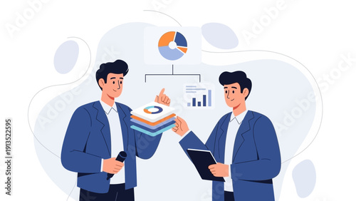 Business meeting: two men discuss charts, data analysis, and strategy