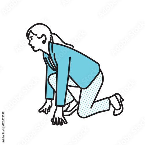 シンプル　イラスト　スタートの姿勢をとるビジネスパーソンの女性のイラスト　ビジネスシーン