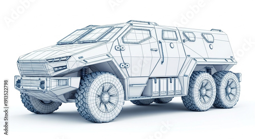 Futuristic armored vehicle with six wheels on white background.