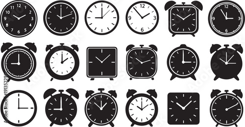 Collection of various alarm clocks and timepieces icons