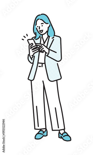 シンプル　イラスト　スマートフォンを操作するビジネスウーマンのイラスト　ビジネスシーン