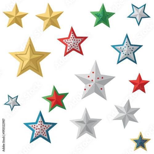A collection of various colored stars of different shapes scattered around