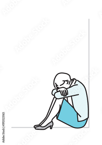 シンプル　イラスト　落ち込んで座り込むビジネスパーソンのイラスト　ビジネスシーン