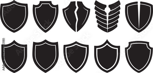 Collection of black shield icons on white background