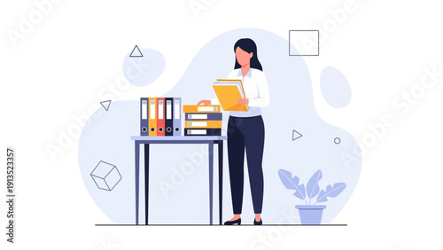 Woman organizing documents and binders on table, business concept