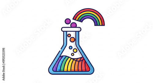 Colorful erlenmeyer flask with rainbow liquid and bubbles emitting a mini rainbow