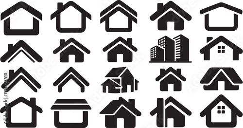 Collection of various house and building icons in black