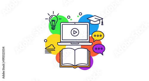 Online learning concept with laptop book graduation cap and colorful educational icons on white background for e learning and education