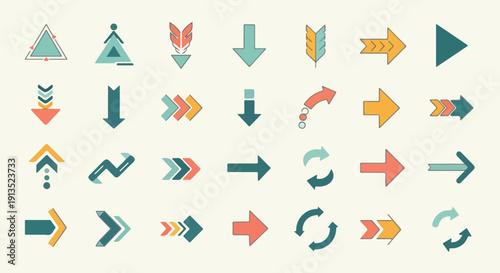 A collection of various colorful arrow symbols and icons, different styles