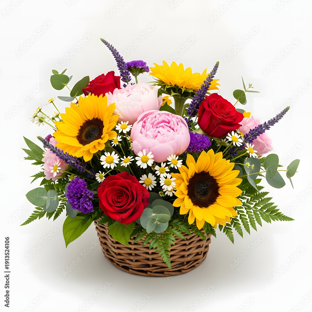 Naklejka premium Beautiful bouquet of colorful flowers in a wicker basket on white background transparent background