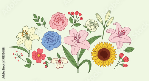 A collection of various colorful flowers and foliage on a light green background