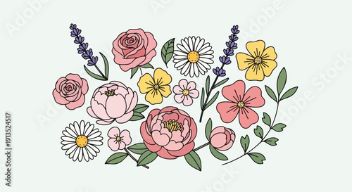 A collection of various colorful flowers and leaves, arranged on a light background