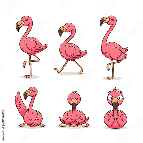Set of cute flamingo cartoon characters in different poses