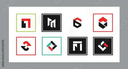 A collection of eight unique geometric logo designs each within a colored square on transparent background silhouette high quality