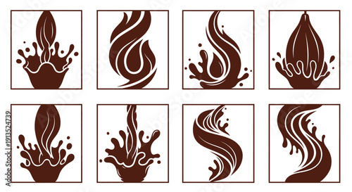 A collection of eight brown flame designs framed within square borders on transparent background silhouette high quality professional detailed
