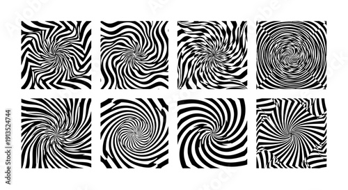 A collection of eight black and white swirling optical illusion squares ideal for design work on transparent background silhouette high quality