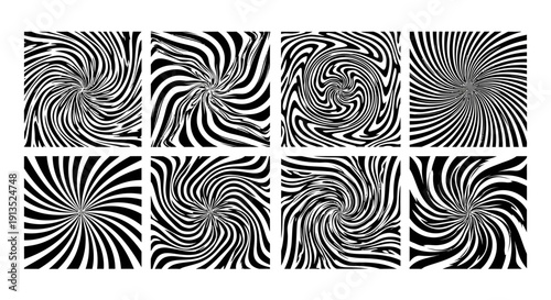 A collection of eight swirling abstract black and white patterns arranged in a grid on transparent background silhouette high quality professional