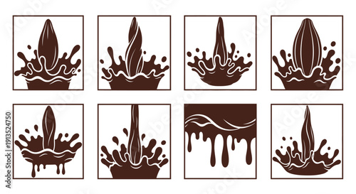 Eight framed chocolate splash designs varying in shape and flow ideal for branding on transparent background silhouette high quality