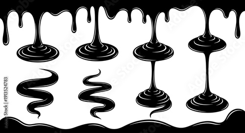 A striking black dripping chocolate effect design with varying shapes and textures on transparent background silhouette high quality professional