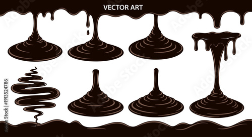 A collection of dark chocolate drips and splatters in varying shapes ideal for design work on transparent background silhouette