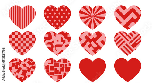 A collection of nine red hearts with various patterns ideal for designs on transparent background silhouette high quality professional