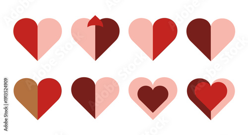 A collection of nine hearts with two tone color schemes perfect for design projects on transparent background silhouette high quality