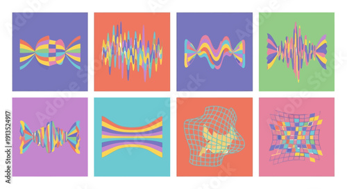 Eight vibrant square graphics depicting colorful sound wave patterns and a wireframe head silhouette on transparent background high quality
