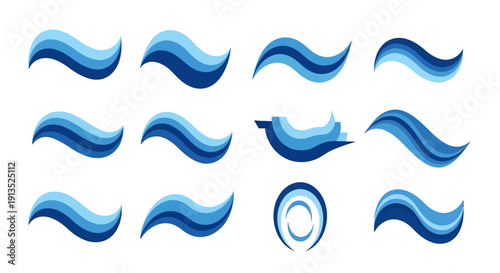 A collection of stylized blue wave shapes and a swirl perfect for design elements on transparent background silhouette