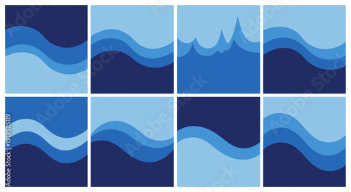 A collection of nine blue wave patterns arranged in a grid ideal for design work on transparent background silhouette