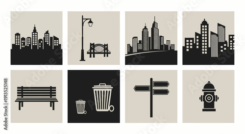 A collection of urban elements including buildings streetlights benches and signs silhouette on transparent background high quality professional detailed