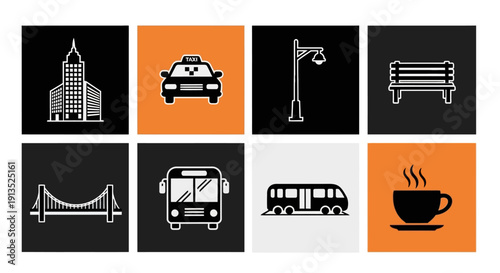 A set of eight monochromatic city icons representing landmarks transport and refreshments on transparent background silhouette high quality professional